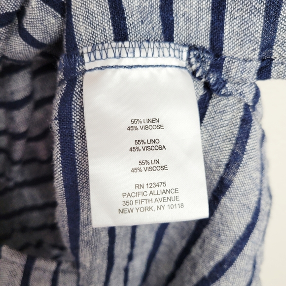 Ellen Tracy | Navy Peplum Off Shoulder Stripe Linen Blend Top - Picture 8 of 10